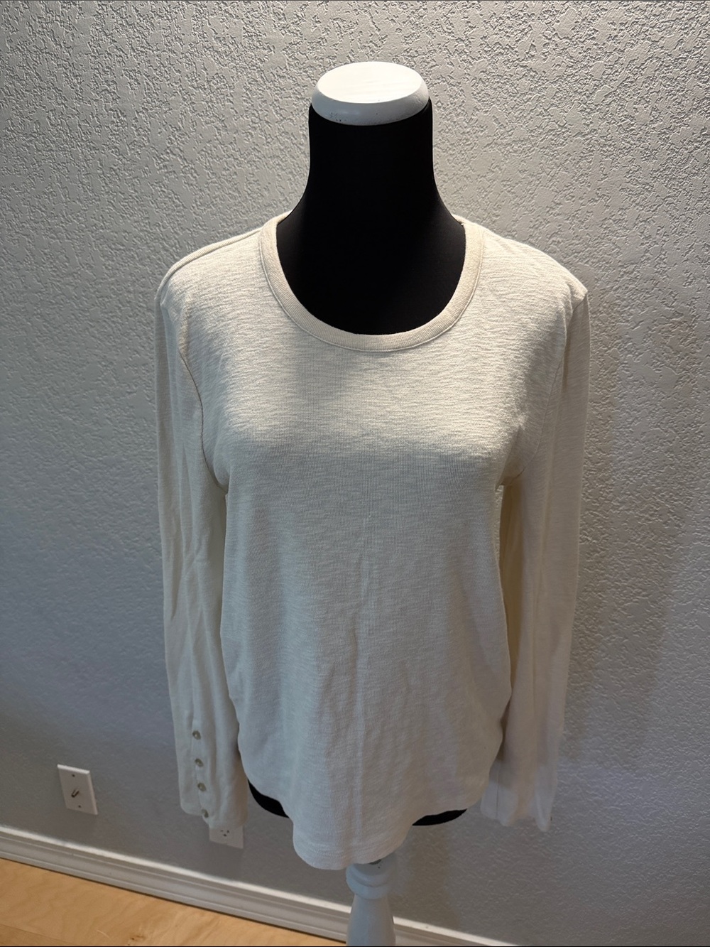 Madewell Cream Long-Sleeve Crewneck Top with button sleeves
